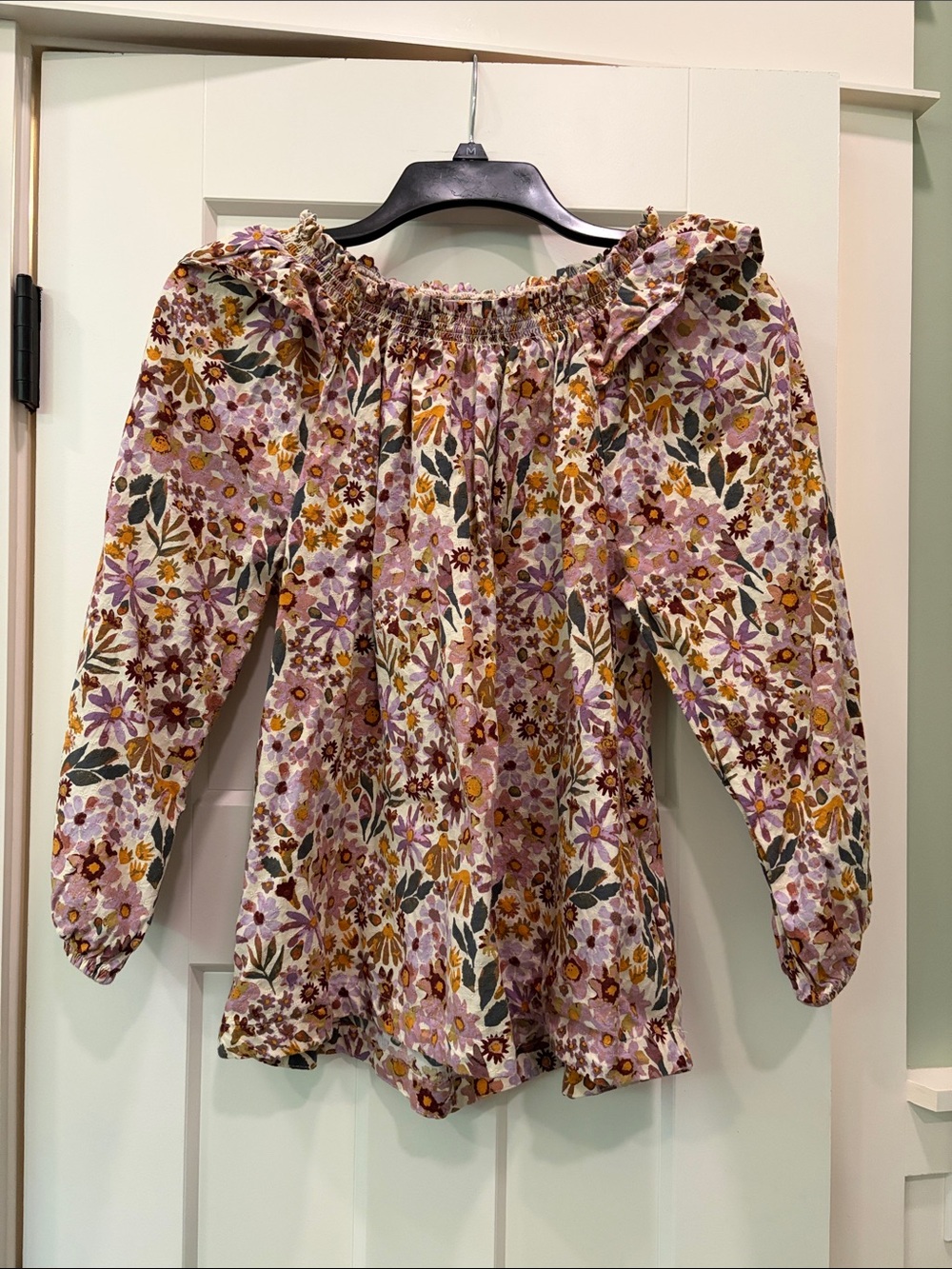 Smocked Off-Shoulder Floral Blouse in Lavender and Mustard